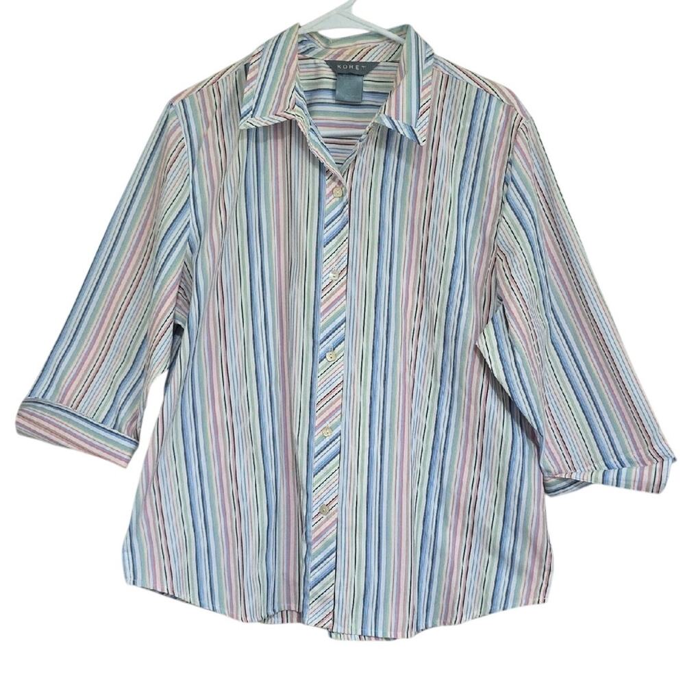 Koret Womens Sz L Pink Blue Stripe Square Buttons 3/4 Sleeves Button Up Blouse